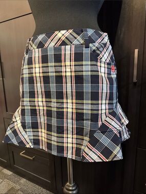 Women's Navy Plaid Mini Skirt with Ruffle Hem
